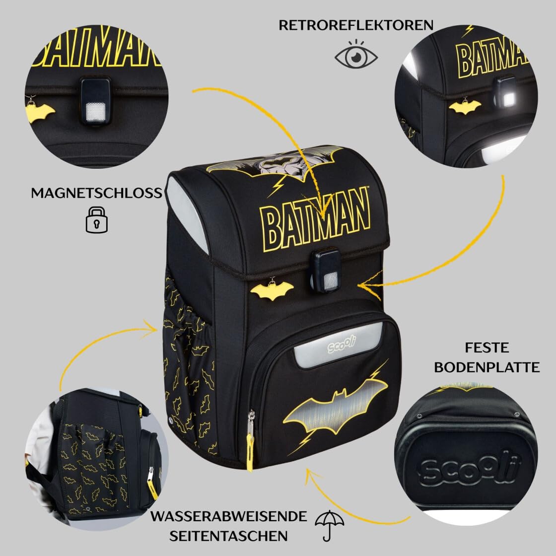 Undercover Juego de mochilas escolares de 5 piezas, para niñas de 1ª clase, con contenido personalizado, estuche escolar, diseño de Scooli, Batman Negro, Juego de mochila escolar