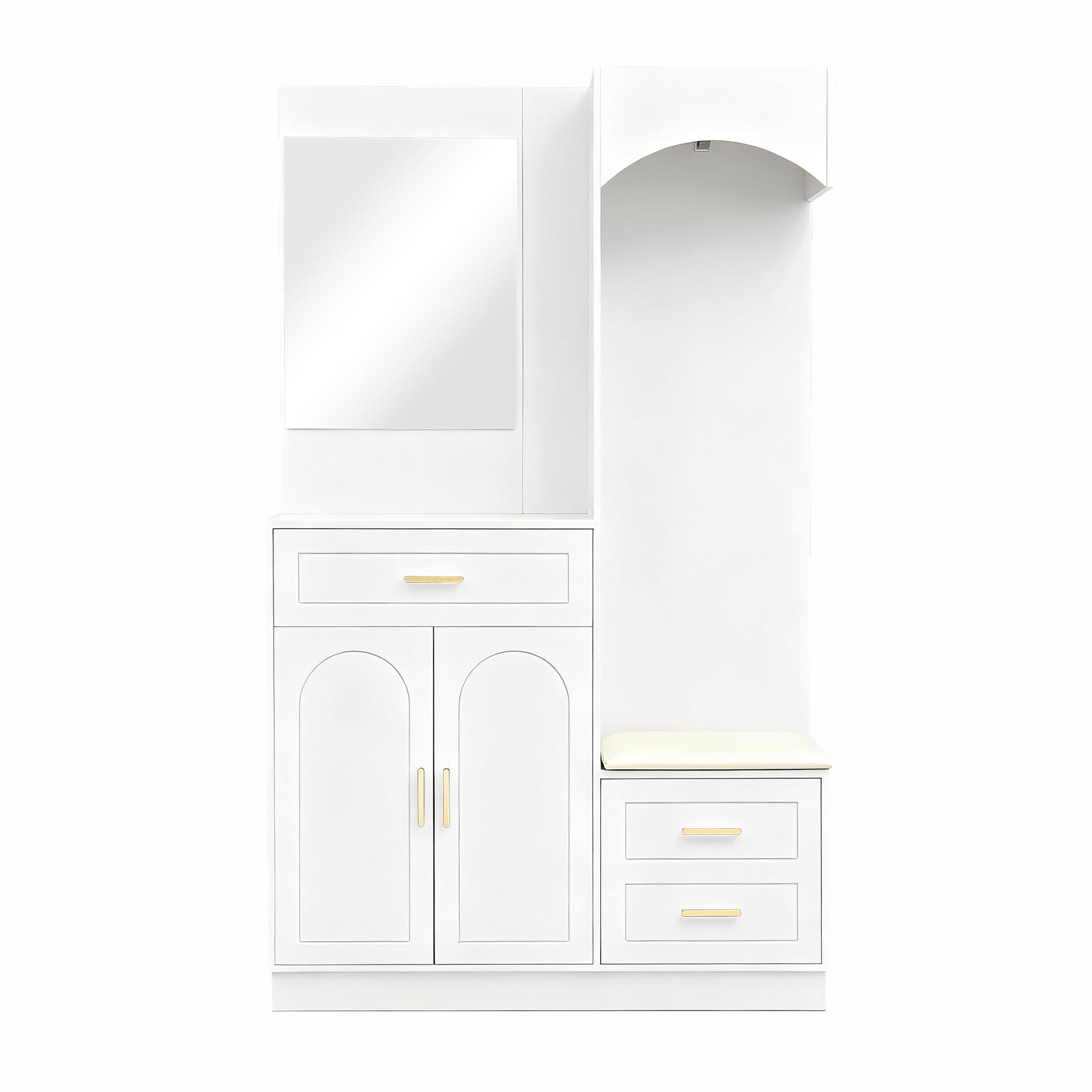 LAKFEW Juego de Perchero Moderno, Recibidores de Entrada con Espejo y Asiento, Conjunto de Perchero Entrada Recibidor Mueble Recibidor con Cajón y 3 Puertas, Percheros, 110x33x185.5 cm, Blanco