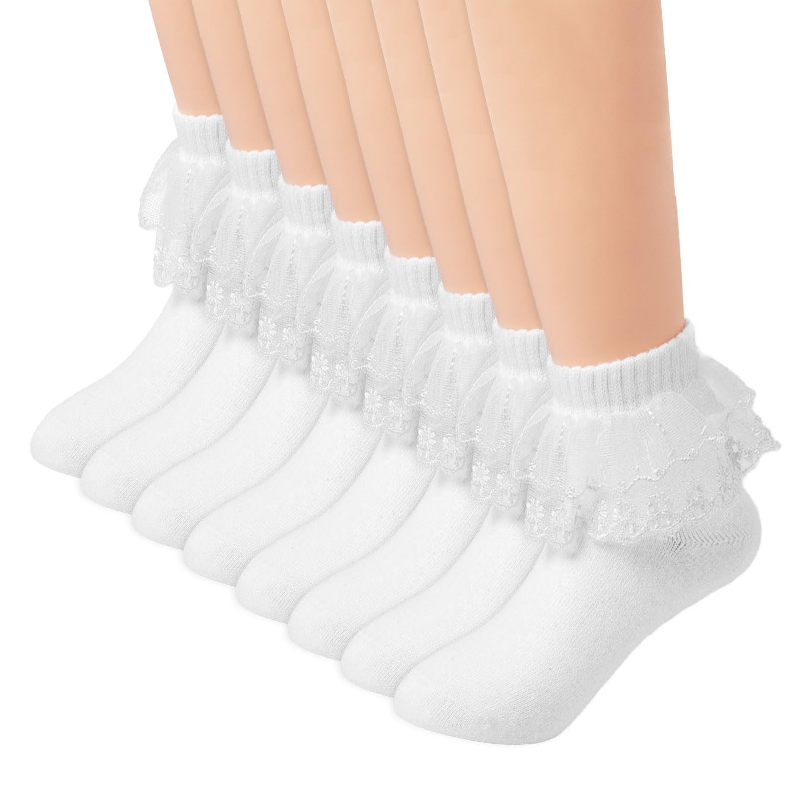 SKHAOVS 4 Pairs Girls Lace Ruffle Cotton Frilly Ankle Socks, PolyCotton School Socks for Kids Lace Socks Dance Dress Socks for Kids Princess Socks for 4-7 Year Girls