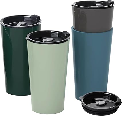 4 Pack Plastic Travel Coffee Mug Set, 20 oz Spill Proof Drinking Cups with Lids, Pobtable to Go Camping Coffee Tumbler Reusable Coffee Mugs with Lids, Dishwasher & Microwave Safe