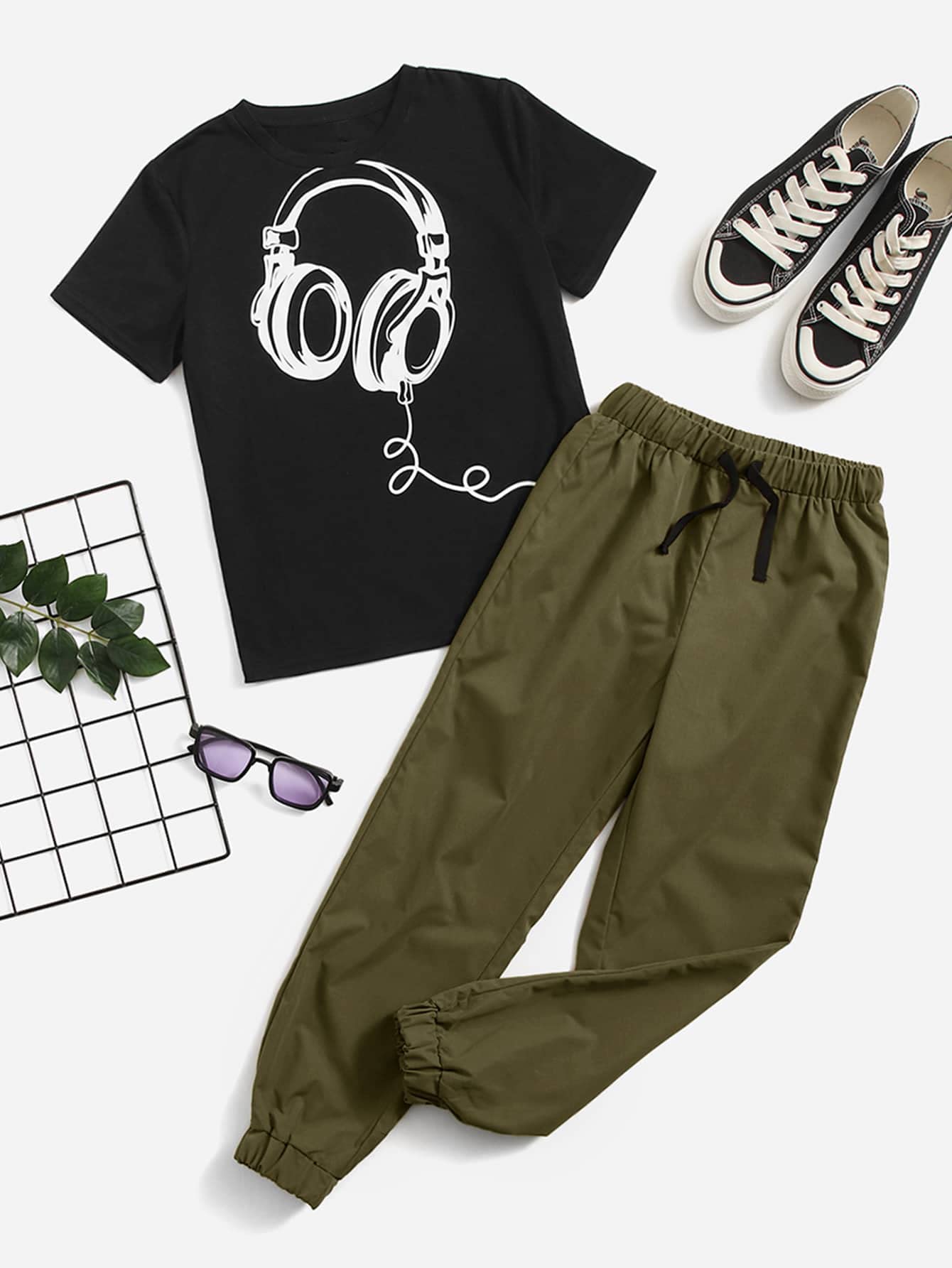 Floerns 2-teiliges Outfit für Jungen, kurzärmelig, T-Shirt mit Kordelzug an der Taille, Sweatpants