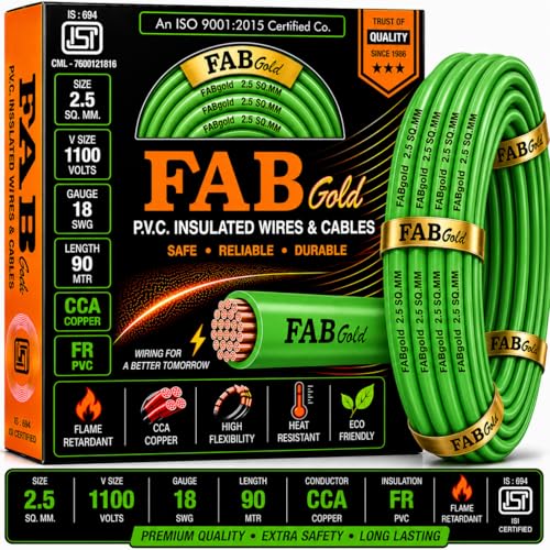 Image of 2.5 sqmm Single Core Copper Electrical Wire, 90 Meter (Green) | Heat Resistant & Flame Retardant (FR) | Lead-Free LSH House Wire for Home & Industrial Use