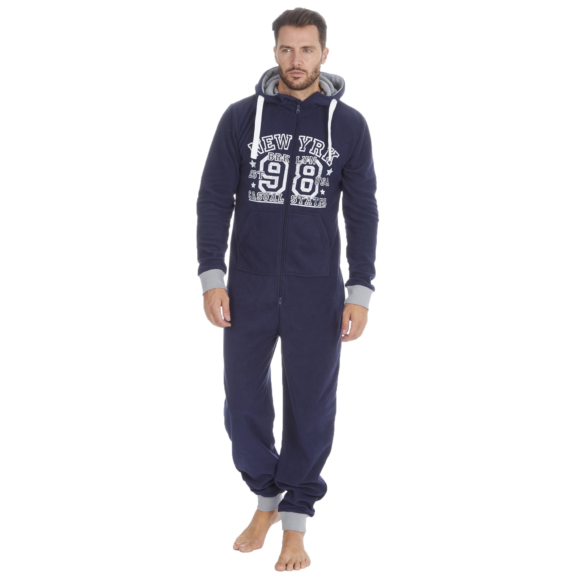 Nikaro Mens Snuggle Hoooded New York Onesies All In One Jumpsuit (L-XL) Navy