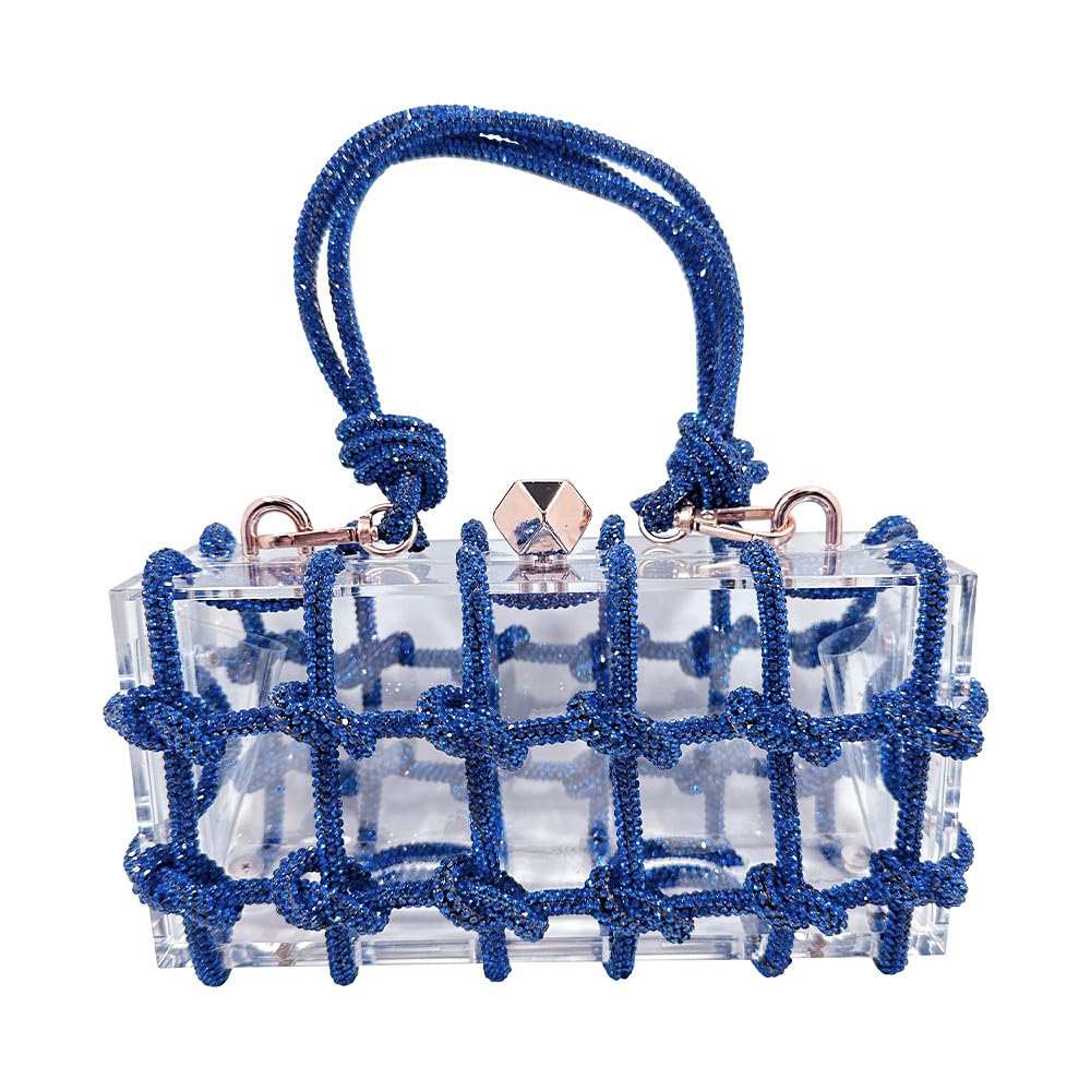 Clear Acrylic Clutch, Glitter Rhinestone Purse Handbag with Bling Rope for Banquet Party (Blue)