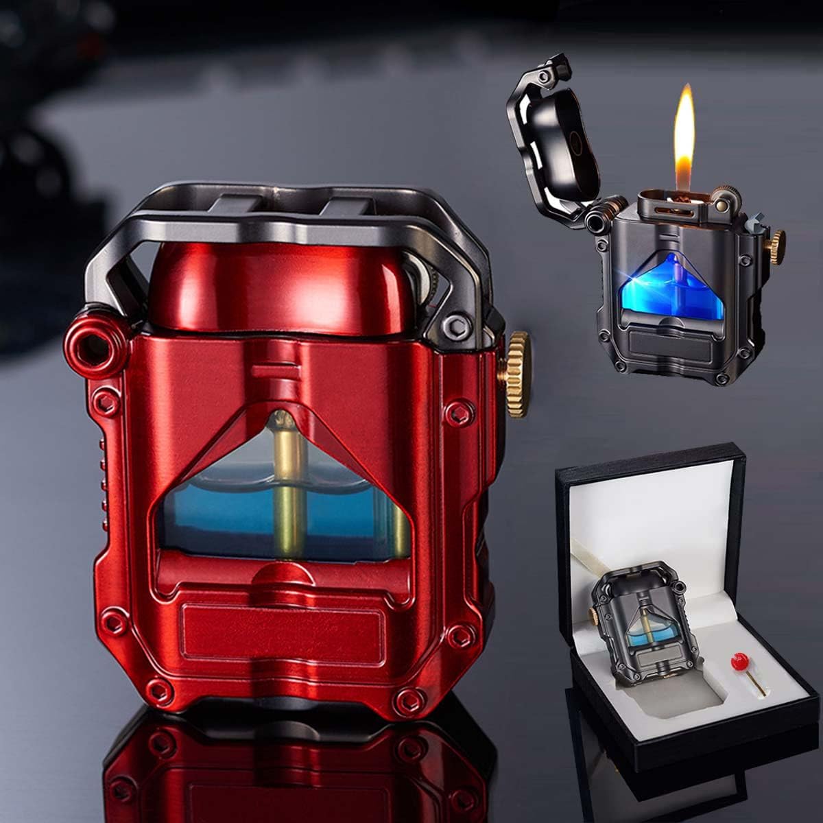 Trench Lighter Cool Steampunk Kerosene Lighter with Blue LED Light, Novelty Transparent Mechanical Lighter Unique Gifts for Men (Red)