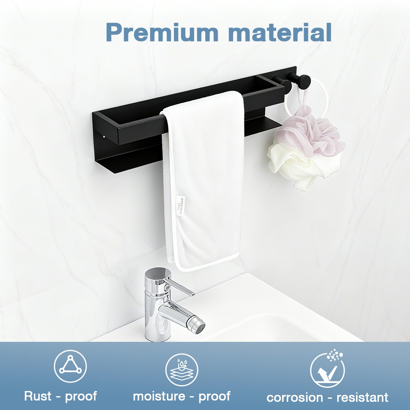 VINATO Porte-Serviette Mural 43 Cm Sans Perçage – Barre + 2 Crochets Noir Mat – Installation Adhésive Ou Vis – Multi-Surfaces