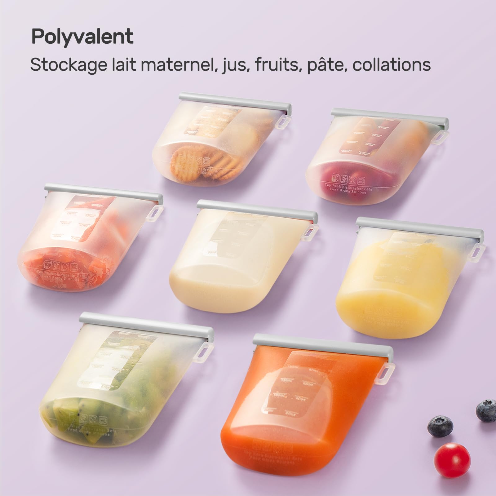 Nuliie Silicone Sachet Conservation Lait Maternelle Lot de 7, 12oz/360ml Doublement Étanches Sac Congelation Lait Maternel, Sans BPA Sacs à Lait Autoportants pour L'allaitement