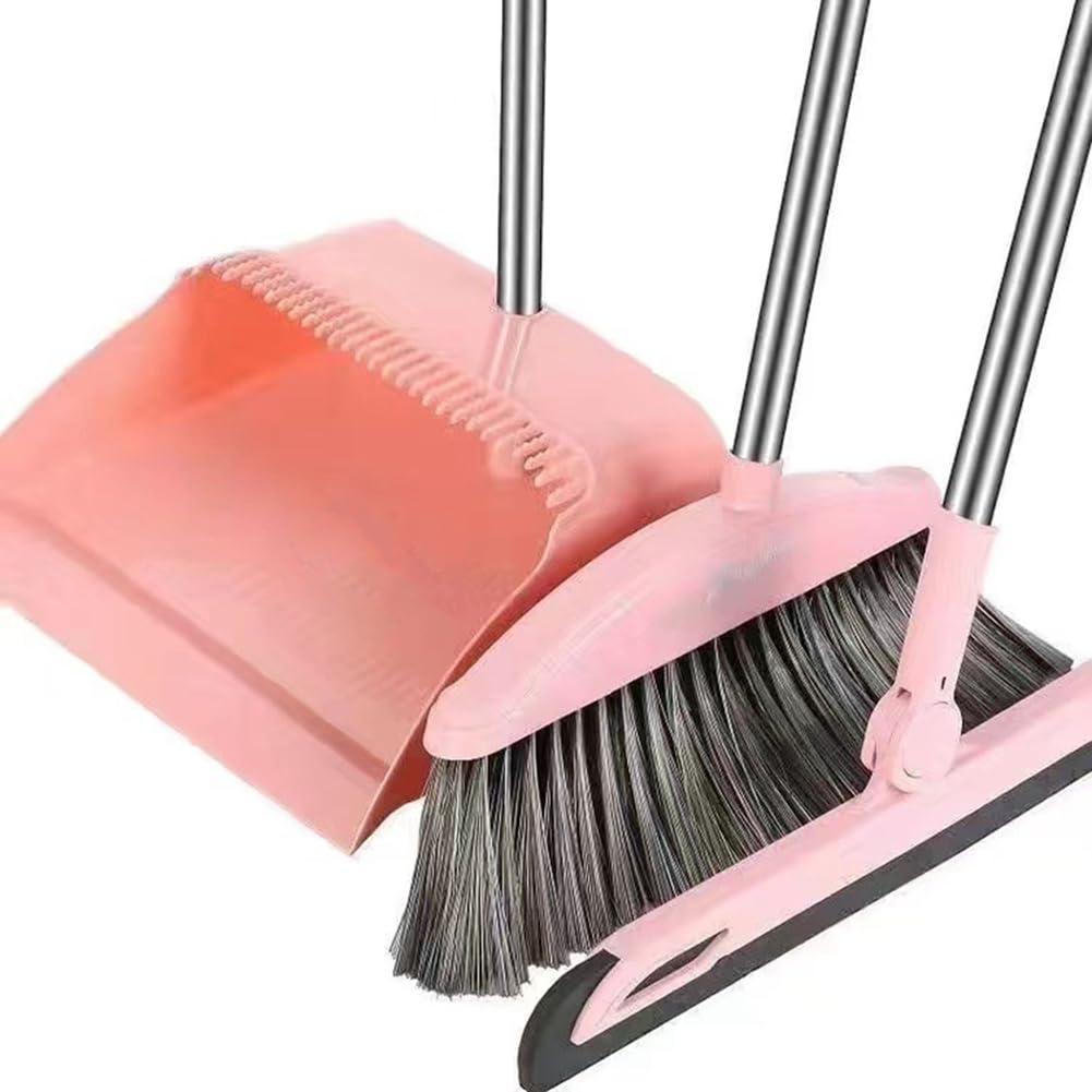Tiudium Pink Plastic & Nylon Broom With Flagged Synthetic Bristles For Hard Floor Cleaning, Includes Dustpan