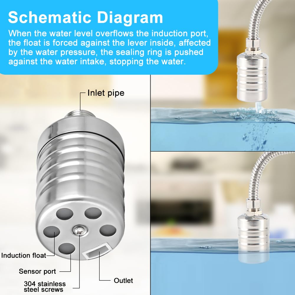 2 válvulas de acero inoxidable de 1/2 pulgadas,válvula de bola flotante,válvula de control automático del nivel de agua con 2 bandas de sellado para tanques de agua, piscina (tipo B, 1/2 pulgadas)