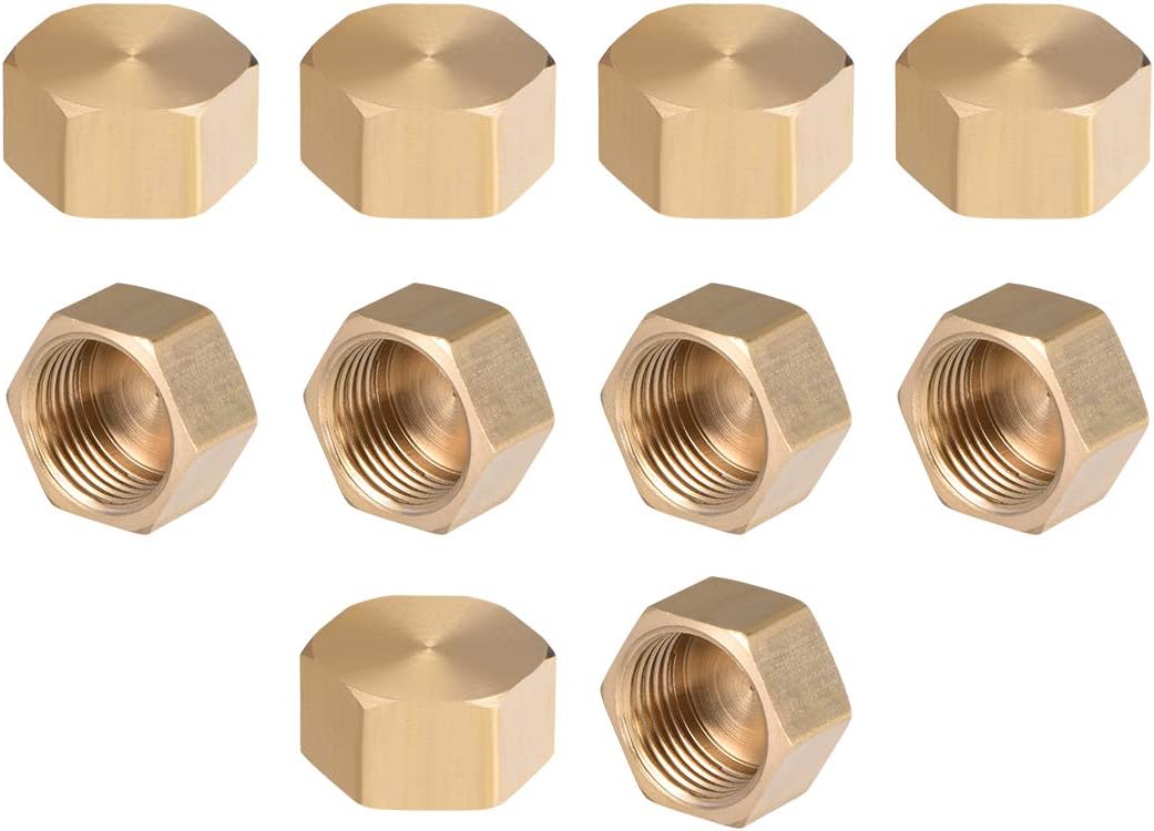 uxcell G1/8 Pipe Fitting Cap, Brass Hex Female Thread Hose Connector, for Garden and Outdoor Water Pipes Nozzle Joints, 10Pcs