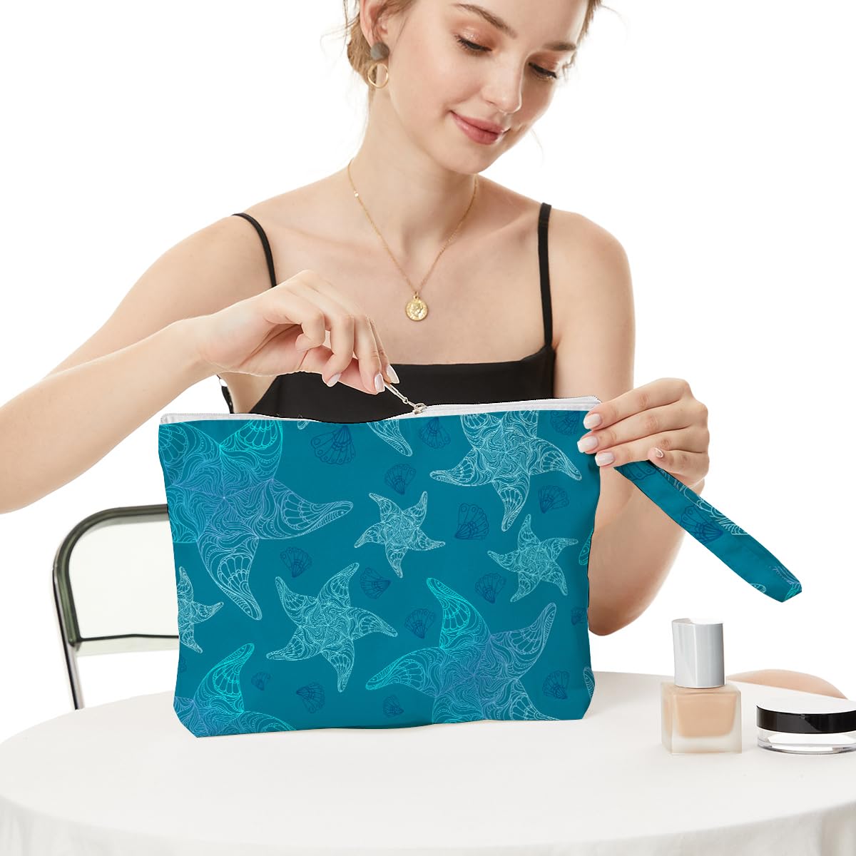 Fokongna Wet Bag, Small Portable Waterproof Multi-Functional Organizer for Women, Ideal for Daily, Beach & Travel，Turquoise Ombre Starfish Pattern