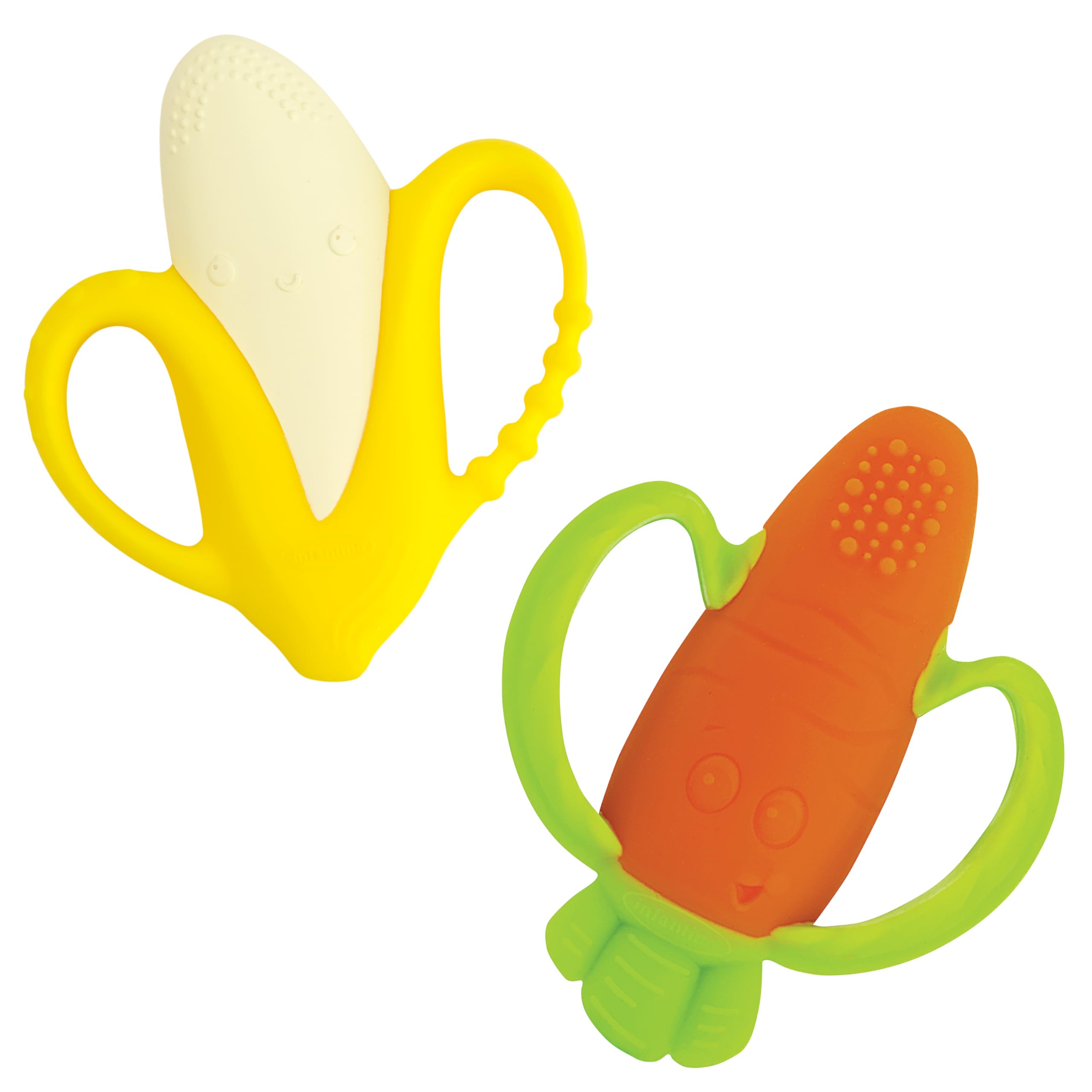 Infantino Lil' Nibbles Textured Silicone Baby Teether Bundle - Sensory Exploration & Teething Relief with Easy to Hold Handles, Orange Carrot & Yellow Banana, 0+ Months