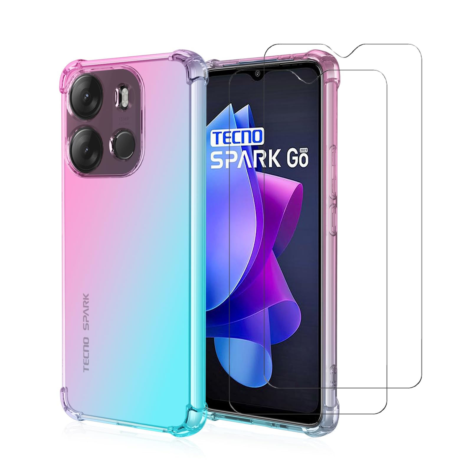 EasyLifeGo for Tecno Spark Go 2023 Case with Screen Protector (2 Pieces) Slim Shock Absorption Flexible TPU Soft Edge Bumper with Reinforced Corners Multicolor Gradient Protective Cover, Pink Green