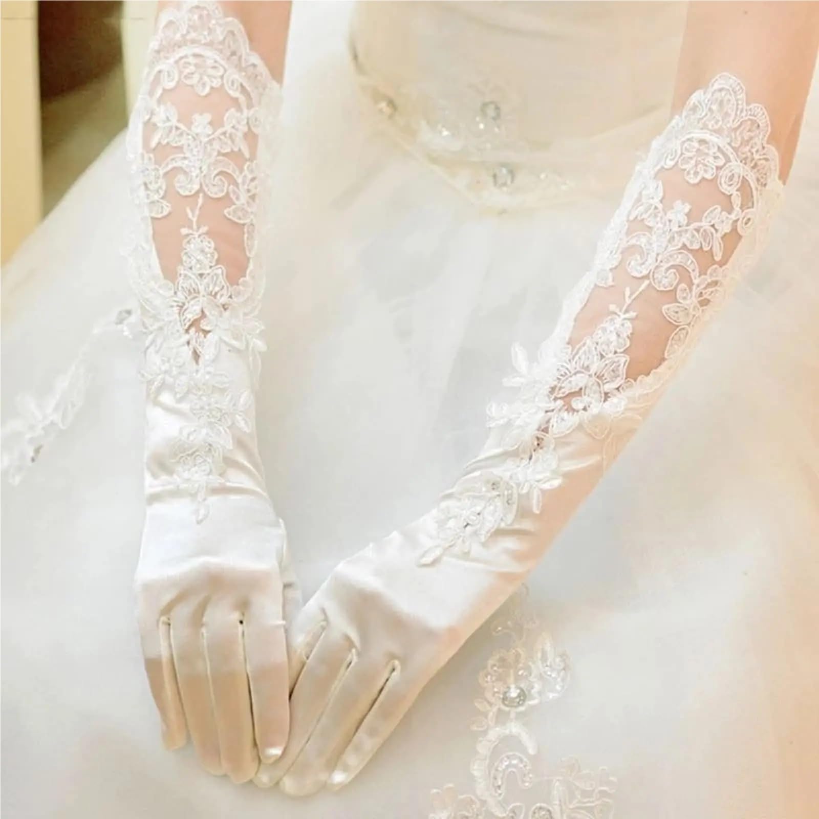 2 paia di guanti lunghi in raso, da sposa, vintage a dita intere Per Feste E Balli