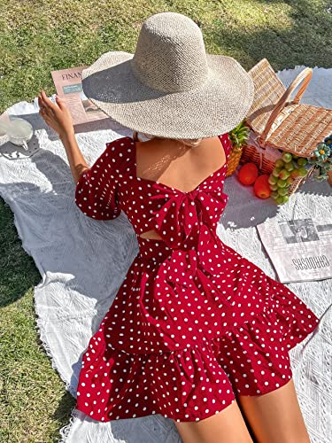 Wdirara Women's Polka Dots Bishop Sleeve Tie Back Ruffle Hem Aline Dress Red And White M #TOP1