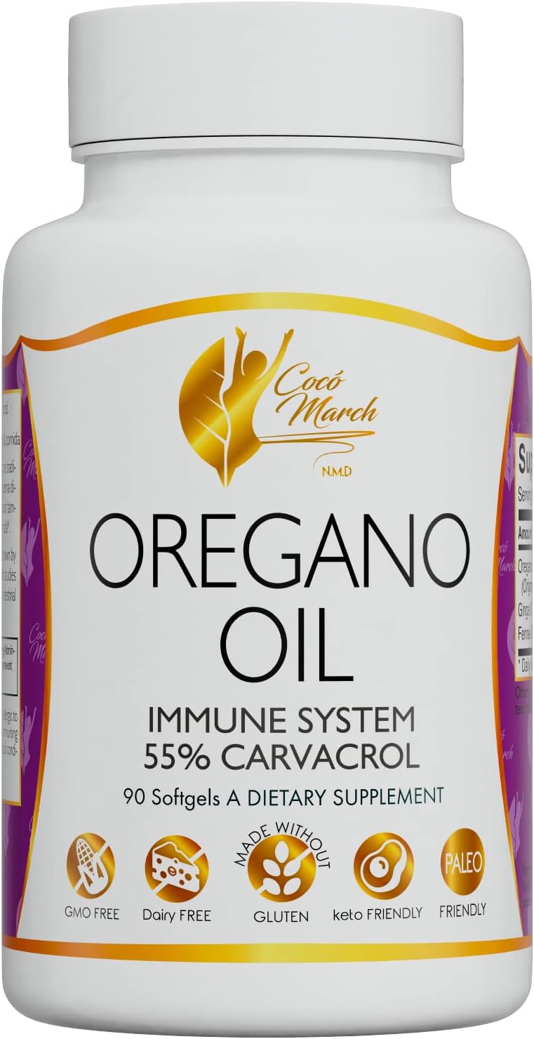 Coco March Oregano Oil - 55% Greek Carvacrol Immune System Support - Gluten Free, Dairy Free, GMO Free, Keto Friendly, Paleo Friendly - 90 Capsules