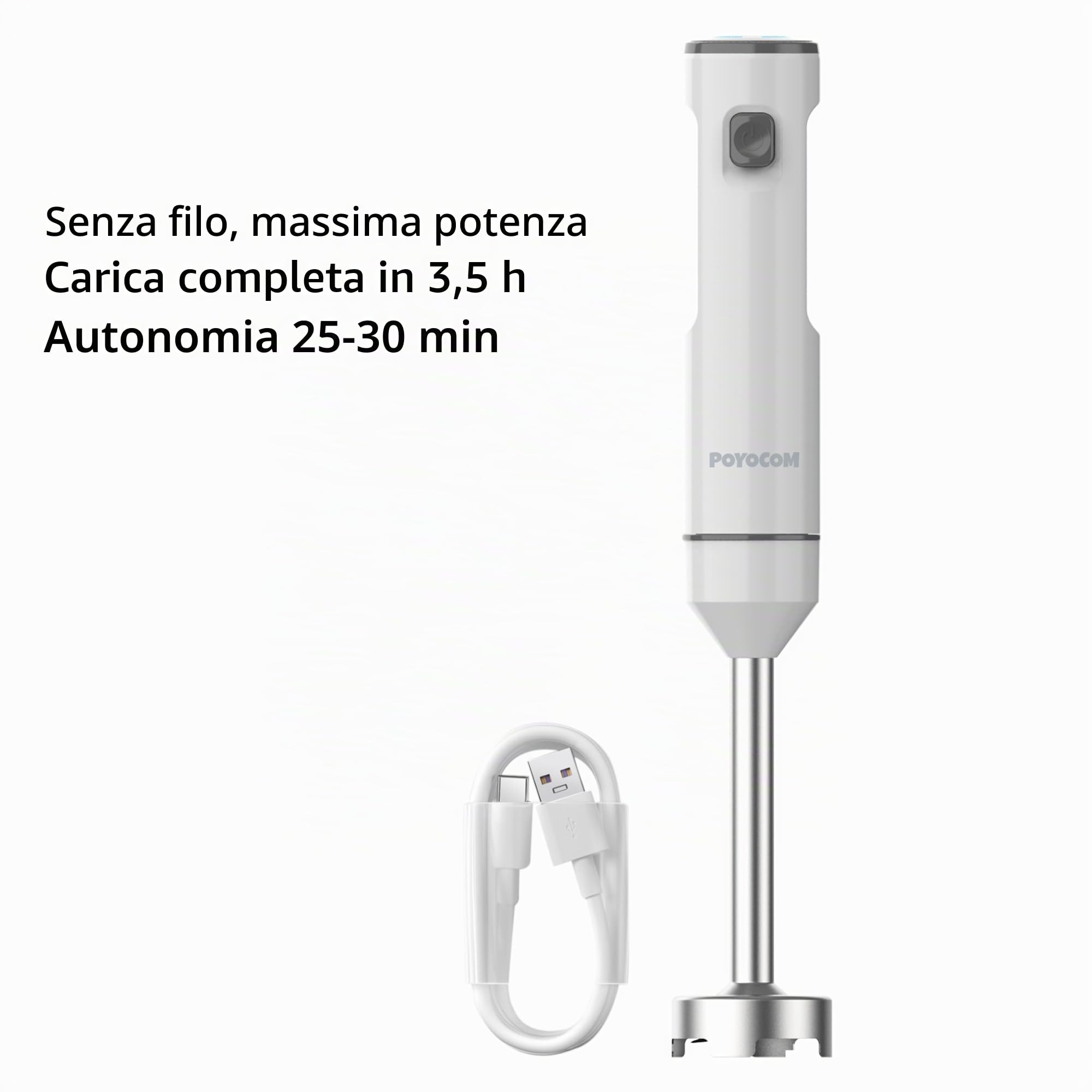 Frullatore a immersione senza fili a velocità variabile, mixer ricaricabile, con cavo Type-C, frusta per le uova, per frullati, frappè, salse, pappe e zuppe - Bianco