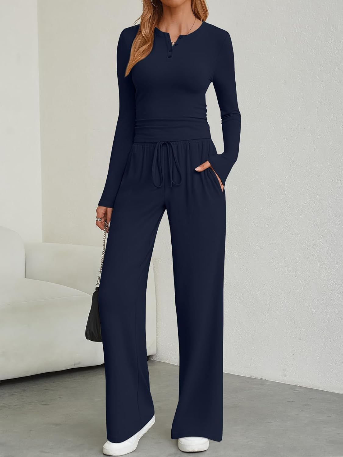 Trendy Queen Women's 2 Piece Matching Lounge Sets Fall Fashion Two Pieces Sweat Outfits Long Sleeve Wide Leg Pants Tracksuits