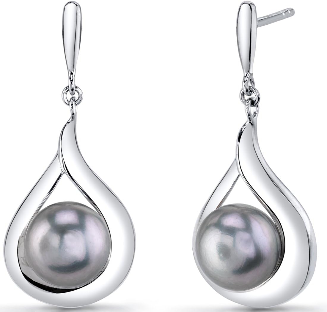 Peora Freshwater Cultured Grey Pearl Dangle Earrings in Sterling Silver, Open Raindrop Design, 8mm Round Button Shape, Friction Backs, Trendy, Classic, Modern Pearl Earrings,