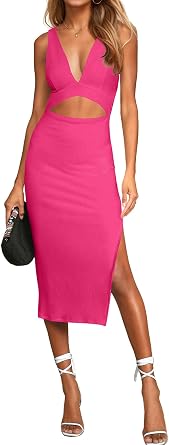 MISSJOY Womens Sleeveless Deep V Neck Cutout Side Slit Ribbed Bodycon Club Party Midi Dresses