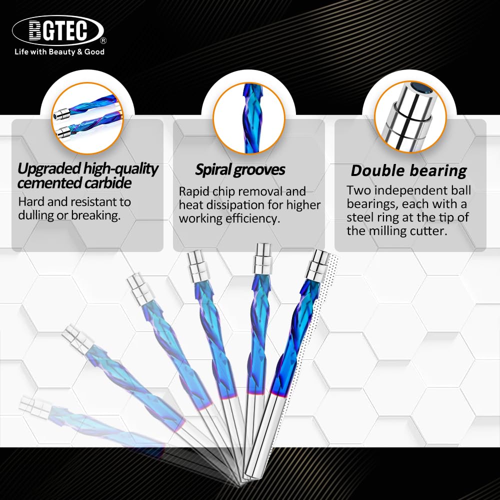BGTEC Spiral Flush Trim Router Bits, Compression Cut Spiral bit 1/4" Shank and 1-1/8" Cutting Length Solid Carbide Flat Tip Trimming Bits with Nano Coating for Woodworking Trimming