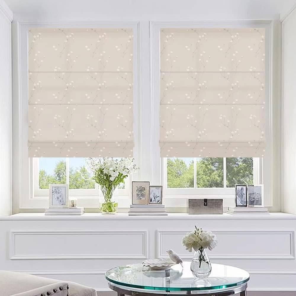 Grneric Cordless Roman Shades Window Shades, Tan Floral Blackout Light Filtering Custom Window Roman Blinds, 10% Linen Fabric Roman Shades for Windows, French Doors, Doors, Kitchen Windows