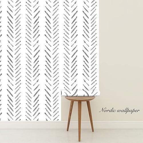 Miniatura 7 de Herringbone Lines Geometry - Papel tapiz autoadhesivo prepegado en blanco y negro, diseño de rayas modernas, vinilo para despegar y pegar,