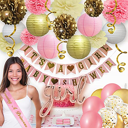 Image of Pink and Gold Baby Shower Decorations for Girl - 35 Pcs Princess Kit with It's a Girl Banner, Mom to Be Sash, Tissue Paper Pom Poms, Paper Lanterns, Bunting Garland - Baby Girl Party Supplies