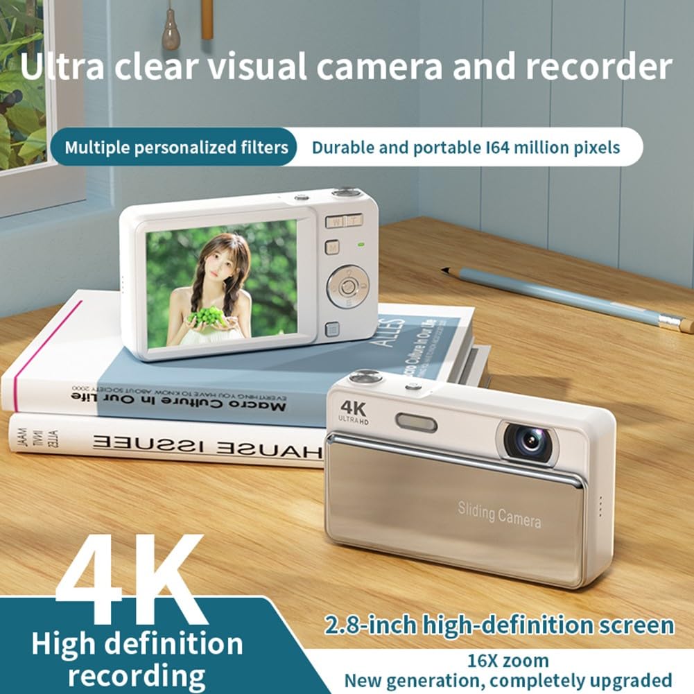 Fotocamera digitale da 64 MP, zoom 16x, fotocamera a scorrimento compatta con video 4K, schermo da 2,8 pollici, flash integrato per studenti