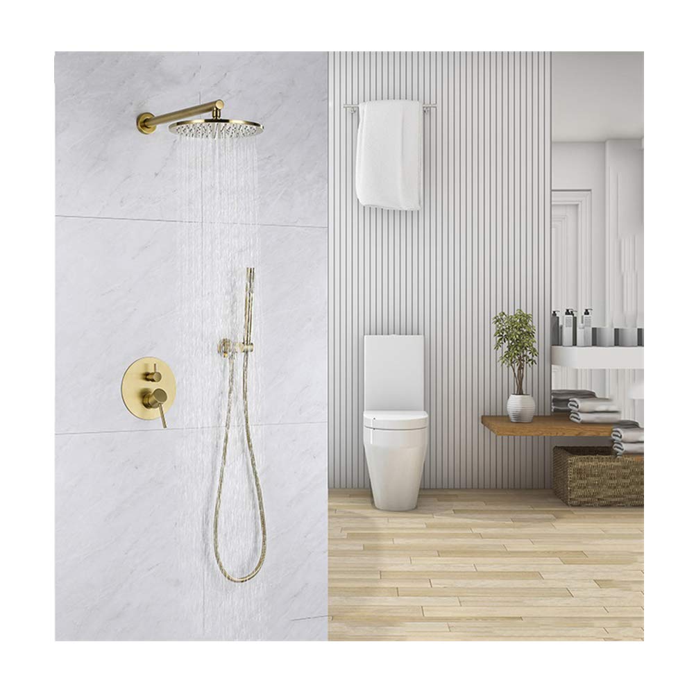 Set doccia classico con miscelatore a pioggia in ottone dorato spazzolato, set di rubinetti per doccia multifunzione a parete, con doppia maniglia, set combinato con soffione a pioggia rotondo, docc