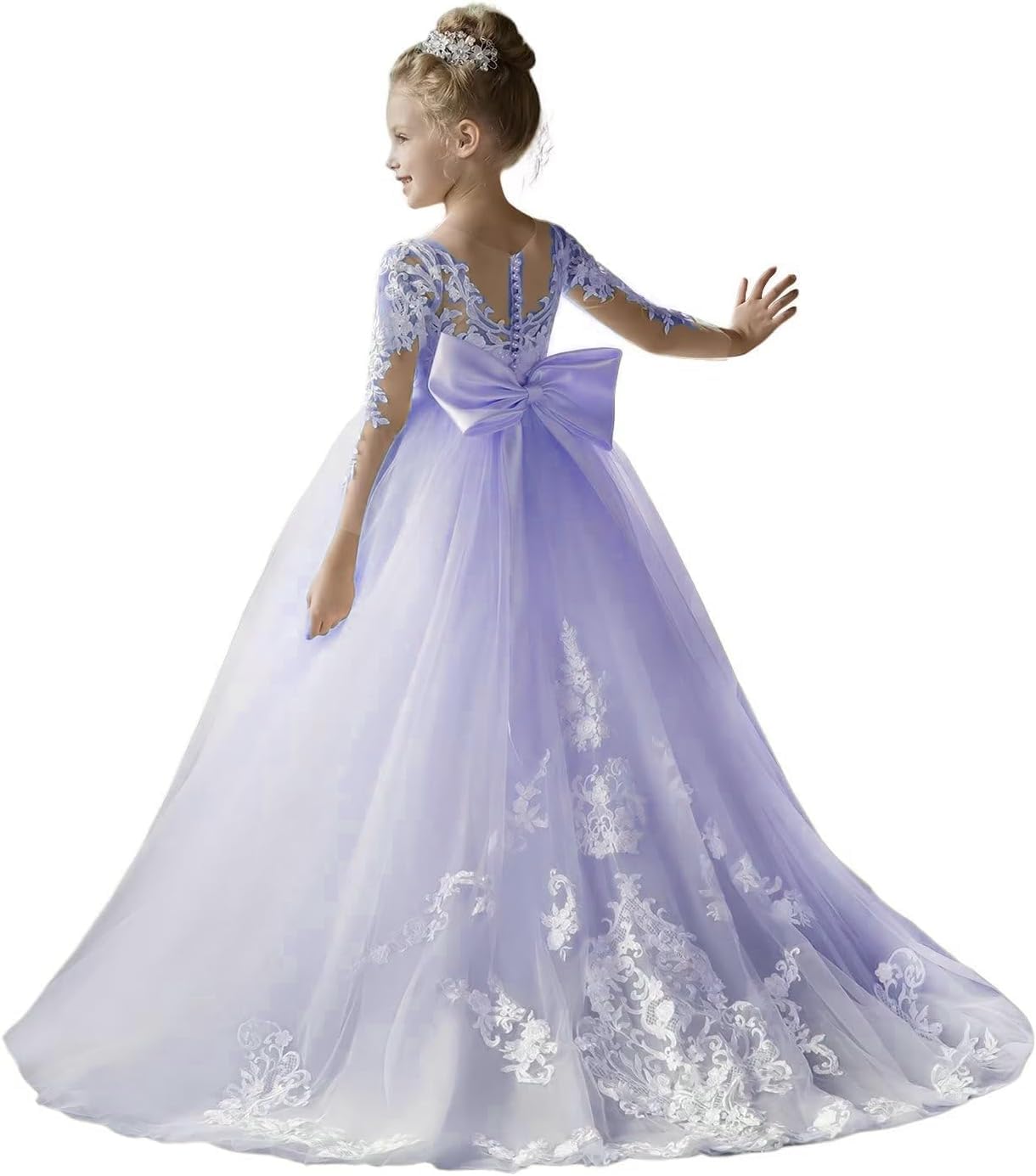 Encaje de Tul, Vestidos de niña de Flores para Boda, Mangas largas, Corte A, Princesa, cumpleaños, Vestidos de Fiesta con Lazo