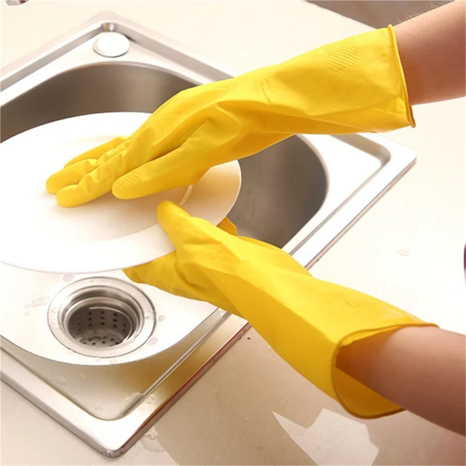 Guanti Domestici riutilizzabili 3 Pezzi, for lavastoviglie in Gomma, Spessore Extra, Maniche Lunghe, Pulizia della Cucina, Lavoro, Pittura per Lavori in Casa(S)