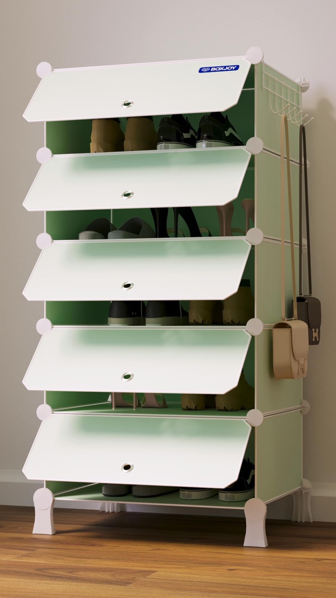 BOXJOY 5 Shelf Shoe Rack with 5 Doors, 5 Hook Steel Holder & Wooden Hammer | Shoes Stand Cabinet for Home Storage PP Plastic Organizer with Metal Door Frame to Cover Chappal Slipper Sandals Box (Green)