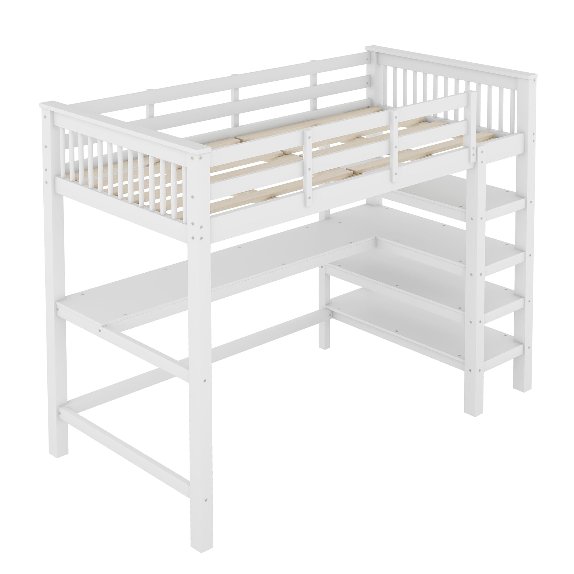 Letto a soppalco con scrivania e scaffalatura, 90 x 200 cm, con rete a doghe e protezione dalle cadute, salvaspazio per bambini, in legno di pino, letto funzionale a castello (bianco, 90 x 200 cm)