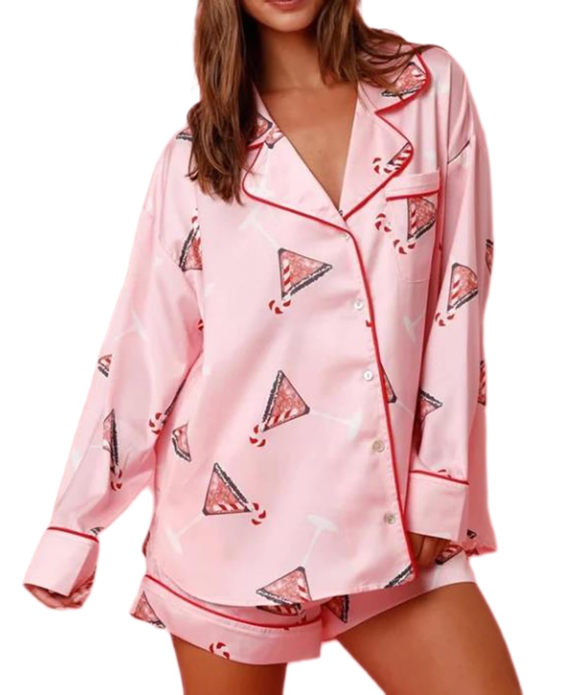 UAURORAO Women Christmas Cartoon Satin Shorts Set Long Sleeve Cute Print Button Down Shirts Colorful Pj Set Sleepwear