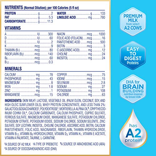Enfamil Premium A2 Milk Protein Infant Formula 19.5oz. (4 Powder Tubs) Prebiotic, Easy to Digest, Non-GMO, Immune Support, Omega 3 DHA, No Added Sugar, A2 Protein Sourced from European Grass-fed Cows