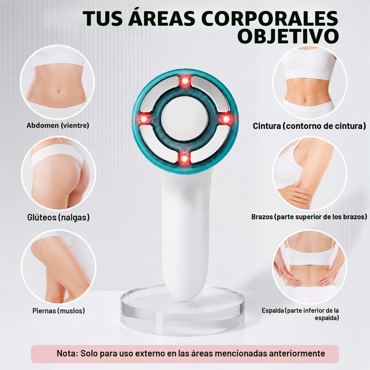 Dispositivo de radiofrecuencia para celulitis corporal, plástico blanco, incluye cable de alimentación, manual, mejora el tono