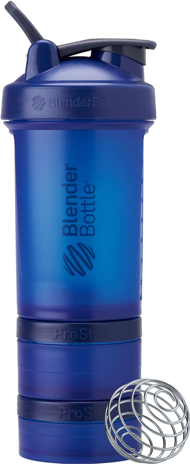 Blender Bottle – Shaker avec pilulier et rangement pour poudre de protéine, système Classic V2 ProStak – 650 ml, bleu