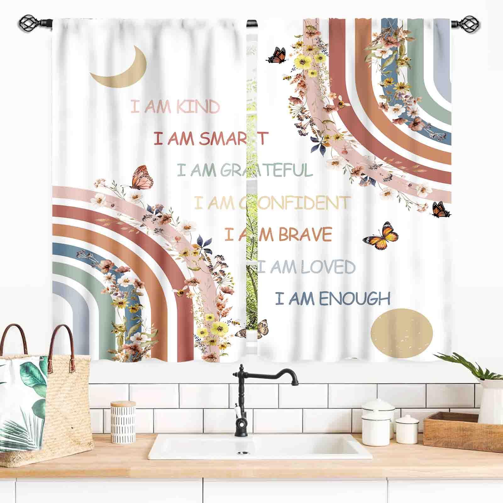 TKUYO Rainbow Curtains for Girls Bedroom, Boho Pastel Pink Colorful Wildflower Watercolor Flower Cute Rainbow Window Drapery for Baby Kids Bedroom Living Room Classroom Nursery Bathroom, 55x39 Inch