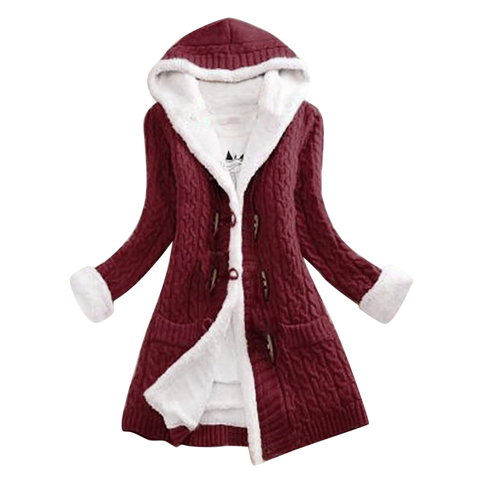 Women's Wine Hooded Cardigan Sweaters Warm Comfy Sherpa Lined Fleece Jackets Fashion Designed Long Sleeve Horn Buttons Chunky Knitted Knitwear Jumper Coats Outwear Tops With Pockets
