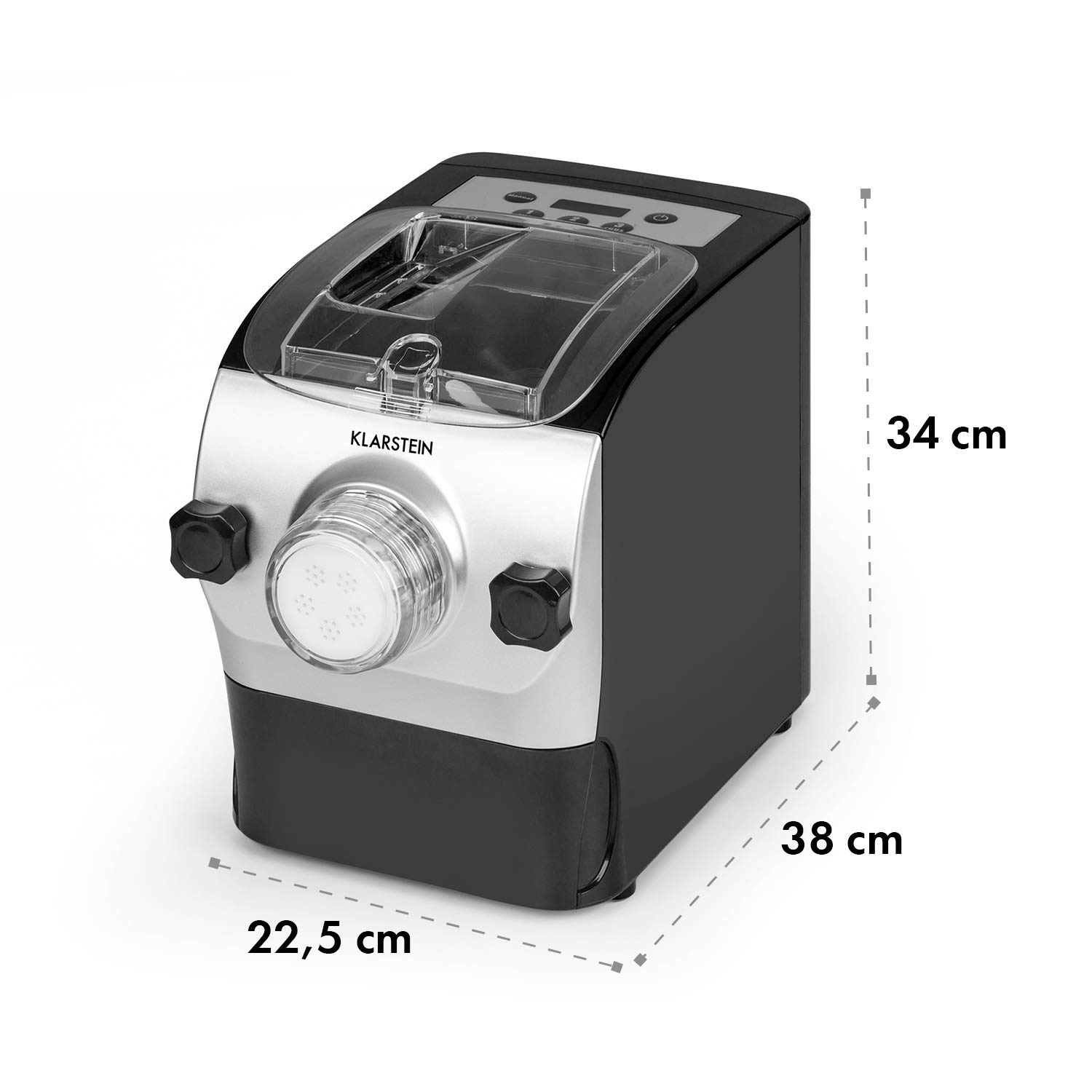 Klarstein Pastamania Machine à Pâtes Fraîches Électrique – 260W Automatique avec 7 Accessoires, 500g Capacité, Silencieuse 60dB, Écran LED, Pétrissage en 3 Min, Inclus Coupe-Pâte et Moule à Raviolis