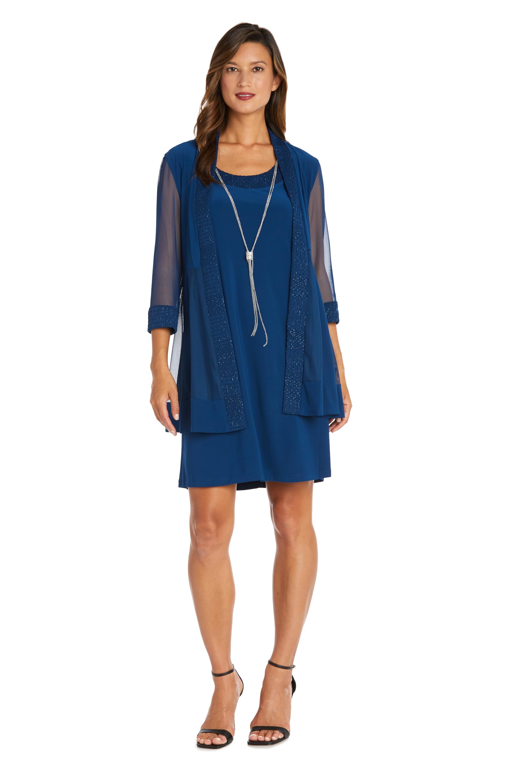 R&amp;M Richards Women's Elegant 2-Piece Shift Dress with Pleated Shimmer Duster Jacket for Mother of the Bride, Cocktail Attire