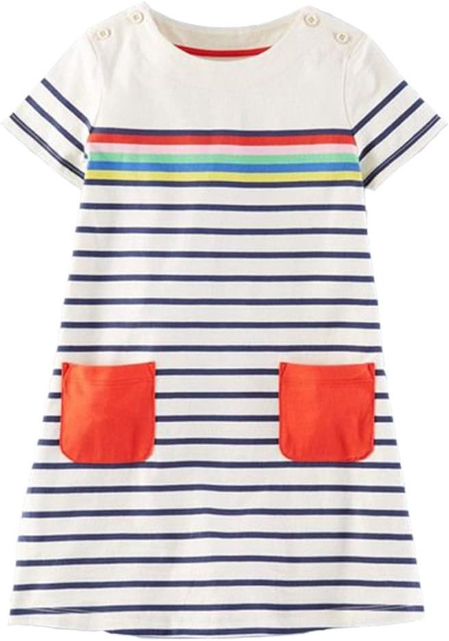 HILEELANGToddler Girl Cotton Casual Dress Summer Short Sleeve Basic Tunic Playwear Shirt Dresses
