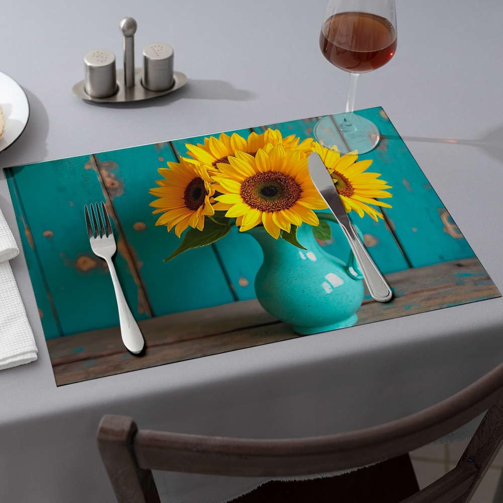 Set de table rose tournesols bleu lavable et résistant pour nappe et table en bois