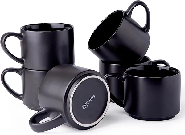 GBHOME 14 OZ Coffee Mugs Set of 6, Stackable Ceramic Mugs for Men, Women, Modern Coffee Cups With Stable Base for Latte, Tea, Cappuccino. Dishwasher & Microwave Safe, Matte Black