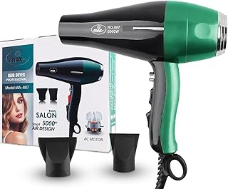 مجفف شعر احترافي MA-887 بقوة 5000 وات بتصميم هواء ذكي ومحرك تيار متردد للحصول على نتائج سريعة بجودة صالونات التجميل في المنزل (أخضر وأسود)