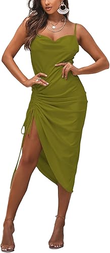 LYANER Women's Satin Spaghetti Straps Sexy Ruch Cowl Neck Cocktail Midi Dresses 
