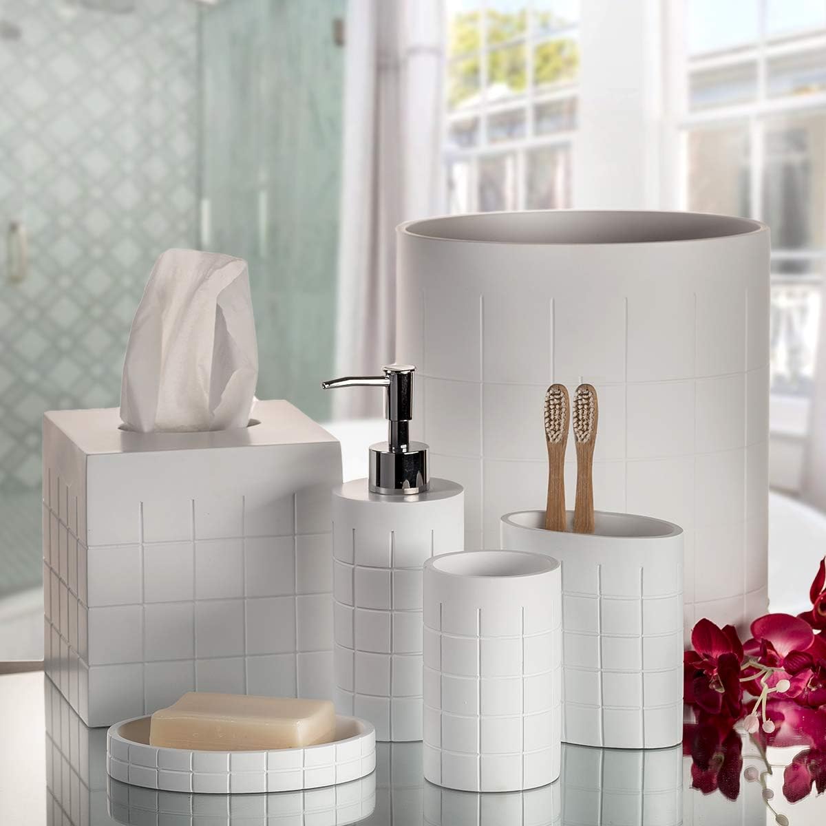 Creative Scents Polar White Bathroom Accessories Set with Trash Can - 6 Piece Bathroom Set Features: Waste Basket, Tissue Cover, Soap Dispenser, Toothbrush Holder, Tumbler and Soap Dish