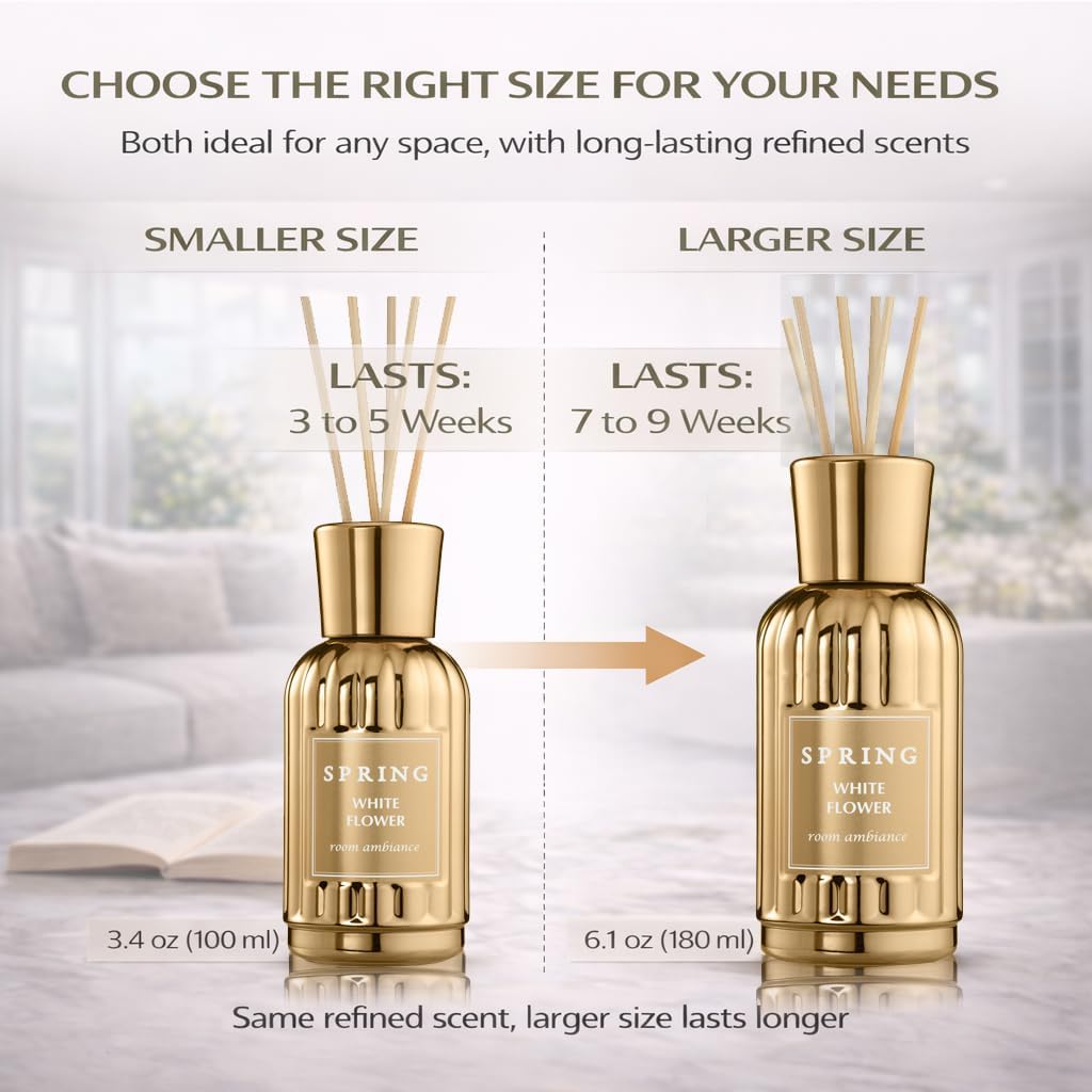 SPRING Reed Diffuser Set – Luxury Long-Lasting Home Fragrance | Fragrance Made in France | White Flower Scent (Lily, Jasmine & Tuberose) | Alcohol-Free | 6.1 oz (180 ml)