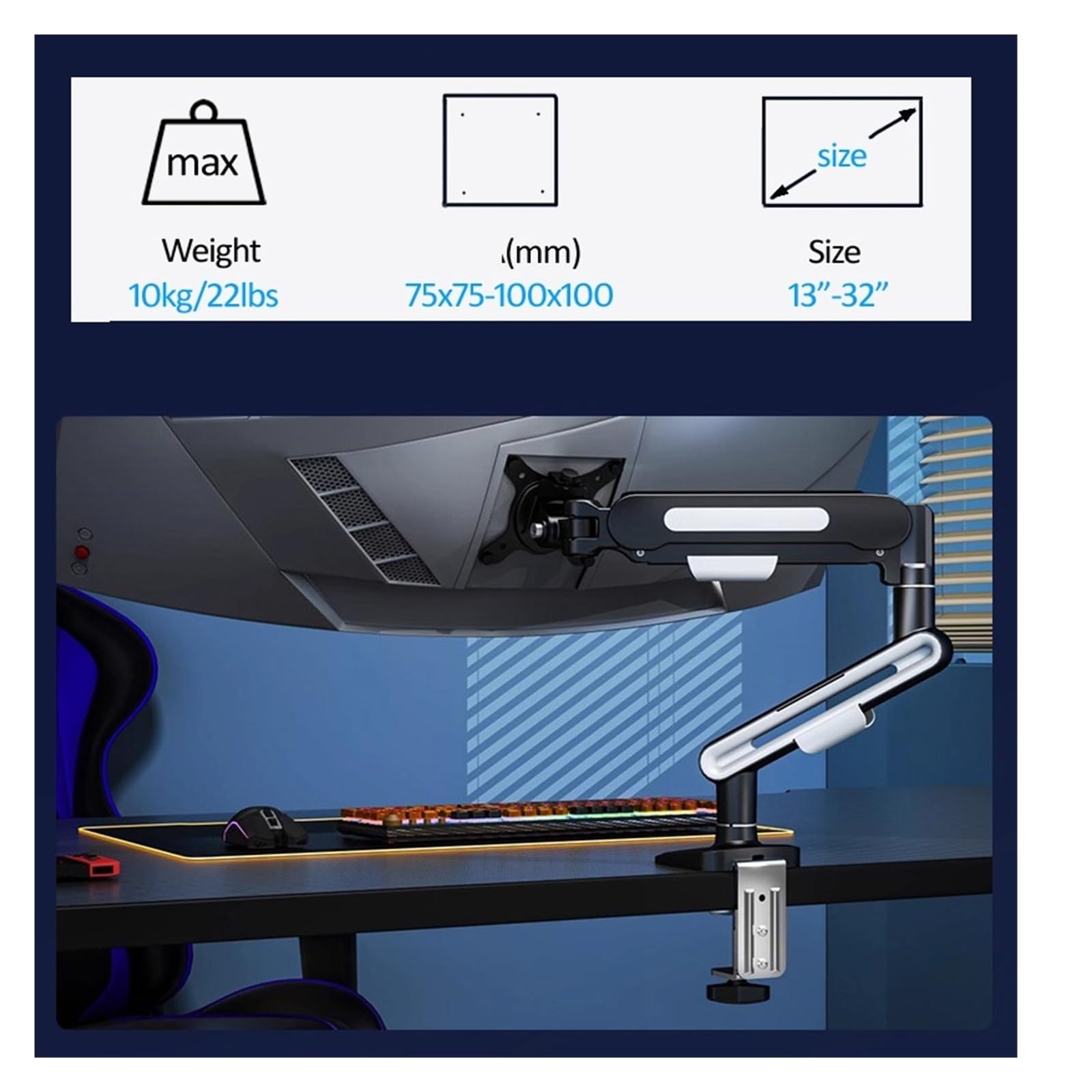 Ramię monitora, Metal Aluminium 2-10 KG 13"-32" Monitor Biurkowy Montaż na stojaku Sprężyna gazowa Ramię Pełnoobrotowy zacisk obrotowy